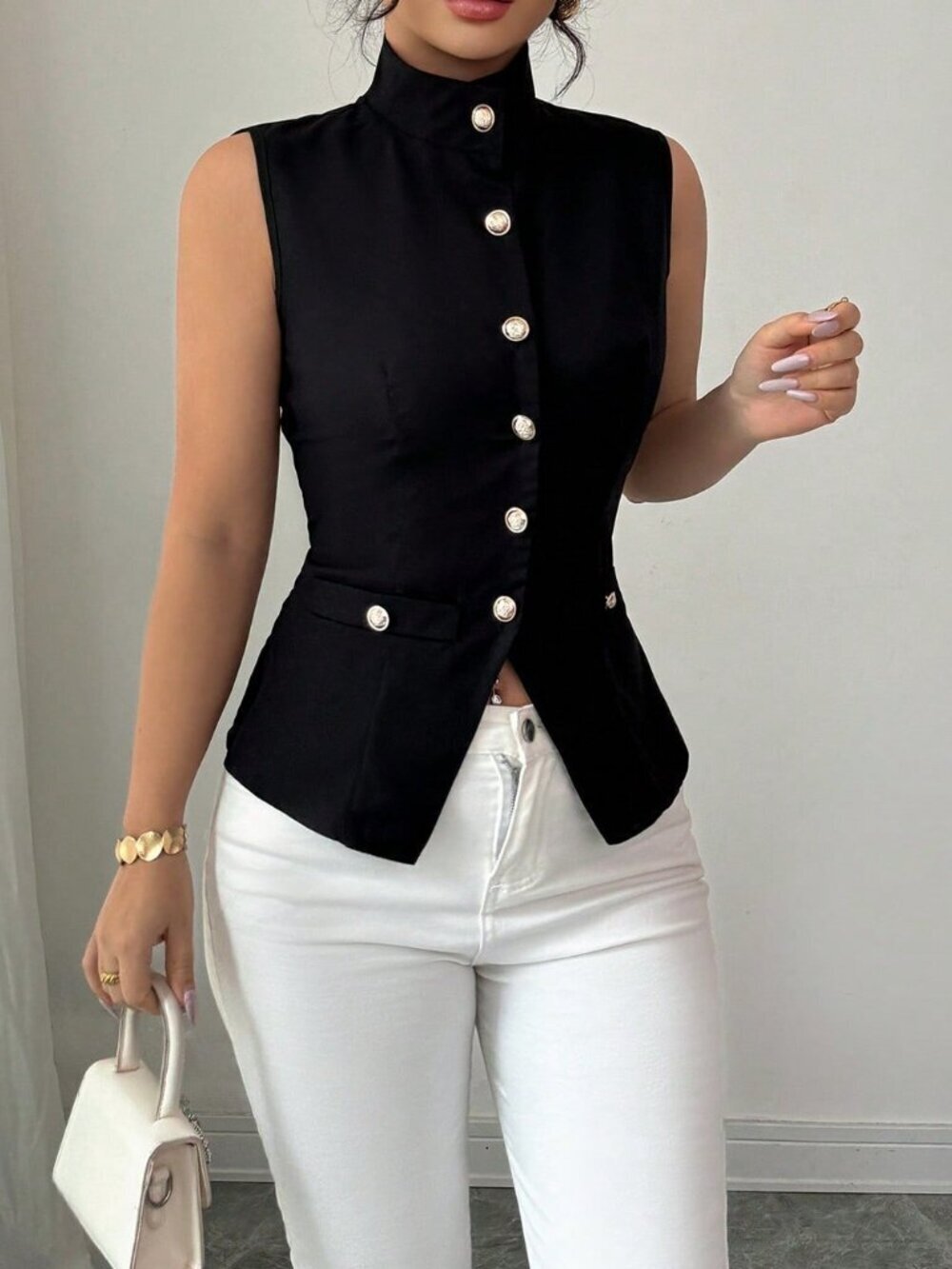 Black Elegant Women's Sleeveless Vest Stand Collar Front Opening Button Detail